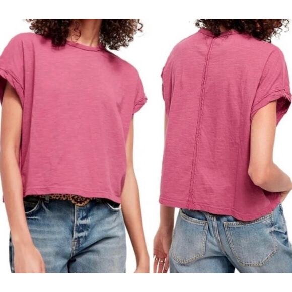Free People You Rock Tee Size Large Pink Boxy Relaxed Boho Casual Cropped - Picture 1 of 9